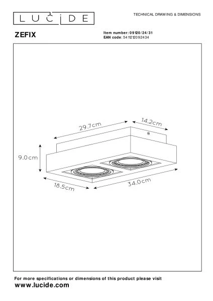 Lucide ZEFIX - Spot plafond - LED Dim to warm - GU10 - 2x12W 2200K/3000K - Blanc - technique